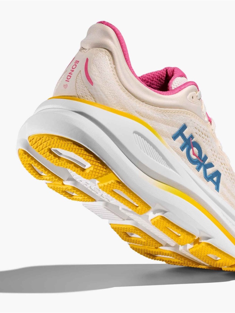 Hoka Women's Bondi 9 Running Shoes — Cream with Pink, Yellow & Teal Accents - Picture 15 of 16